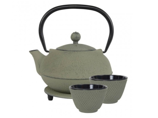 Ganzou Theeset 0.9 ltr Grijs-Groen + Onderzetter Rond 14 cm + 2x Theekop 120ml (set van 4)